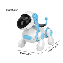 Blue and white robot dog with size markers of 16 cm, 10 cm and 14 cm on a white background