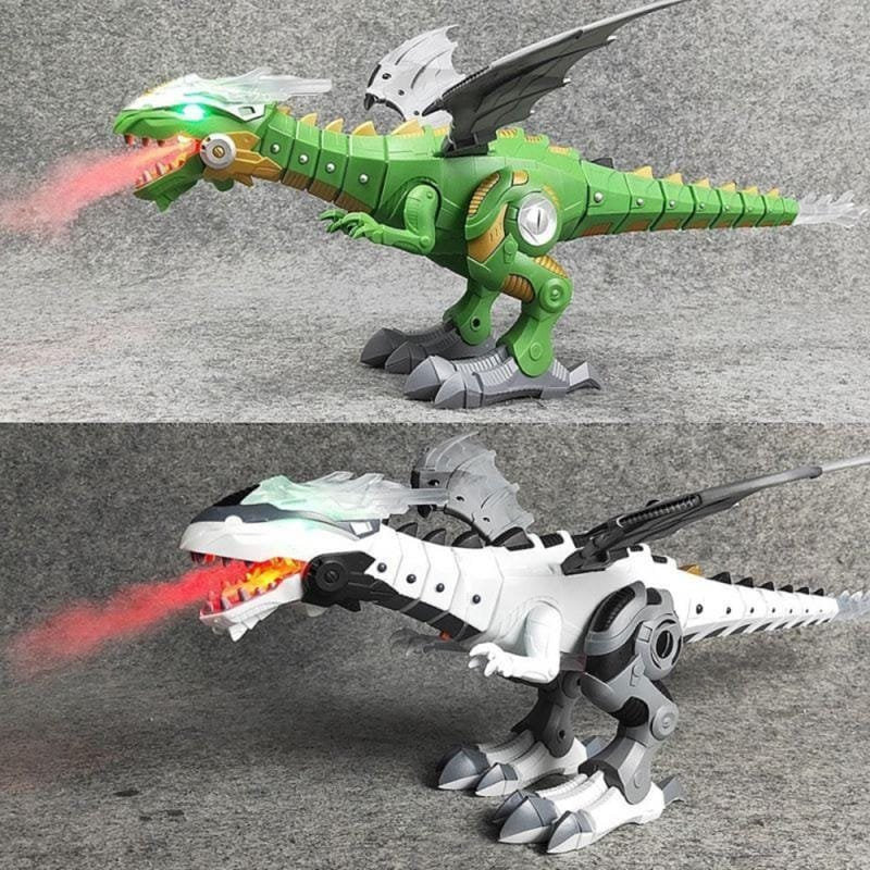 Walking Spray Dinosaur Robot in green and white with light and sound for imaginative kids play and birthday gifting.