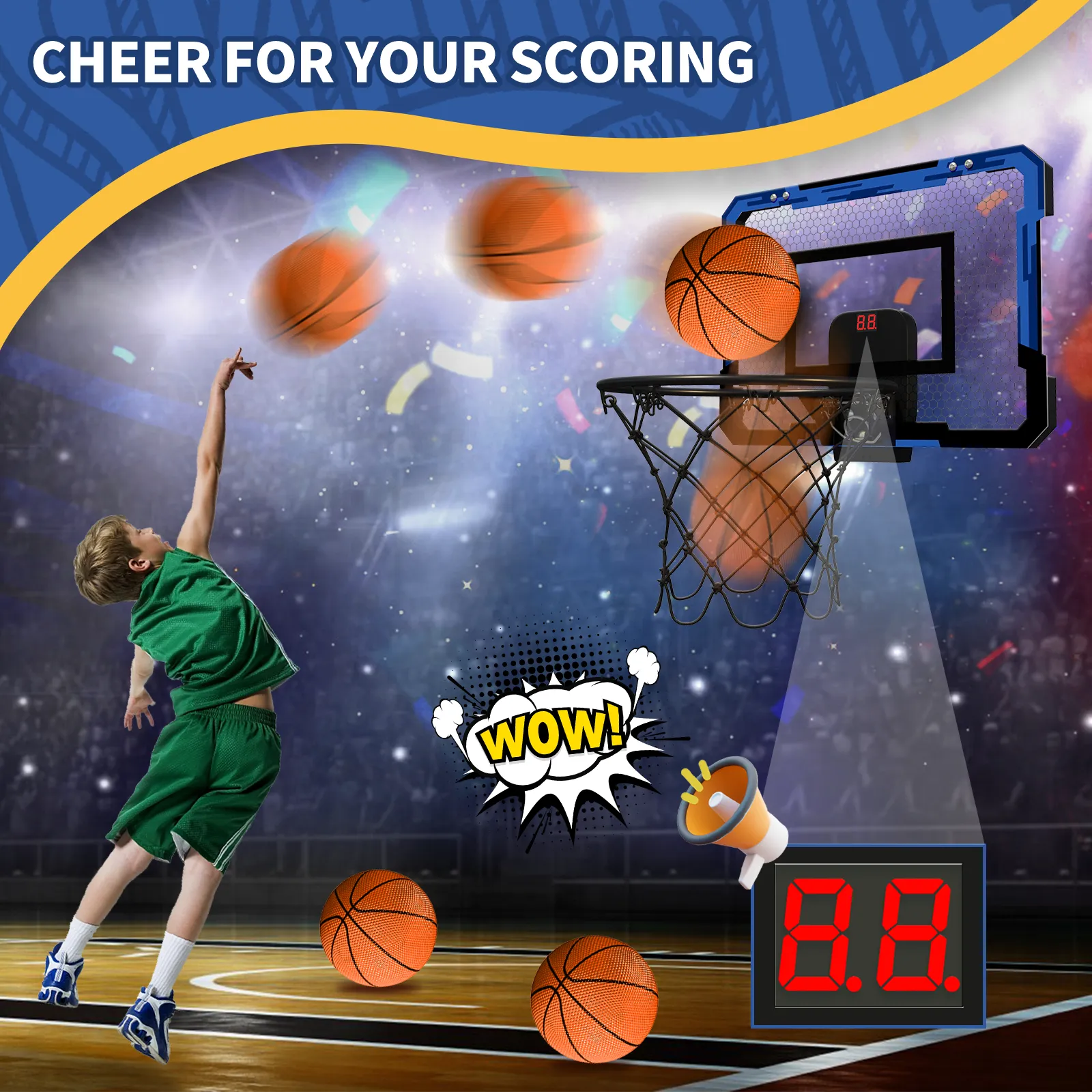 Space-saving wall basketball hoop for kids in action during a game shot.