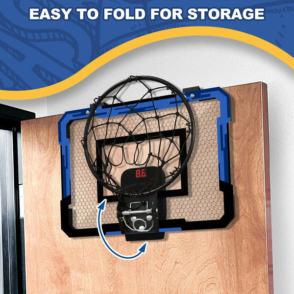 Foldable wall-mounted basketball hoop set for kids folded flat on a door for easy storage.