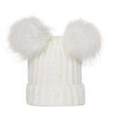 White knit beanie with large fur pom-pom