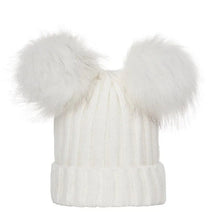 White knit beanie with large fur pom-pom