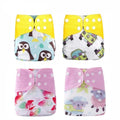 Four colorful baby diapers with different patterns 