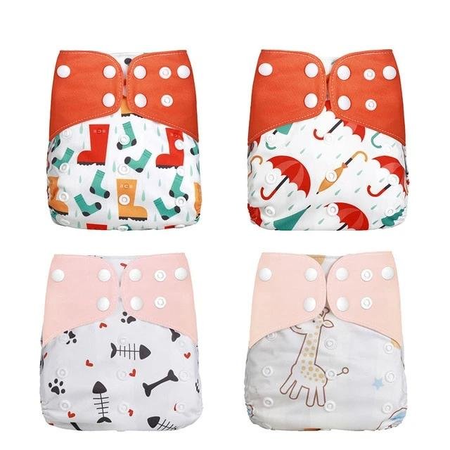 Four colorful baby diapers with different patterns (option 10)