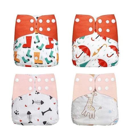 Four colorful baby diapers with different patterns 