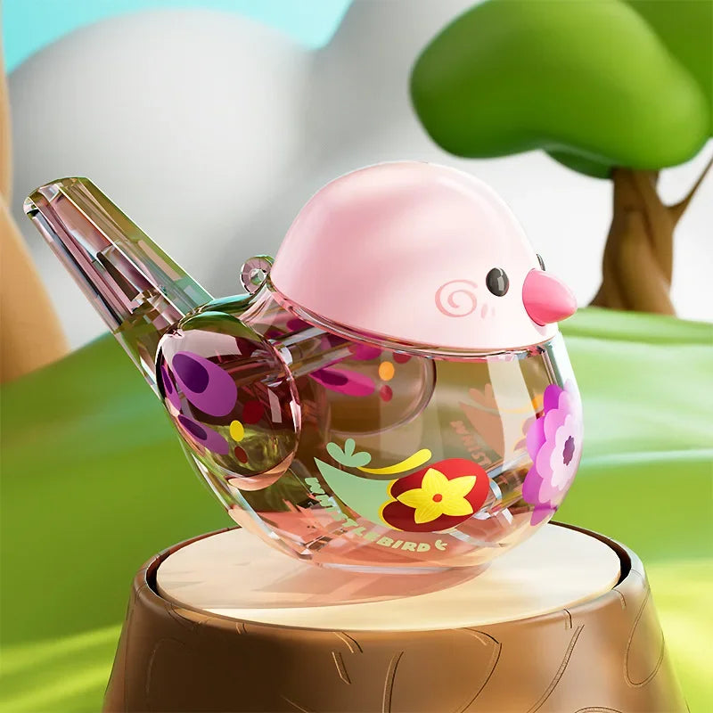 Pink water bird whistle on a tree stump with a green tree behind it