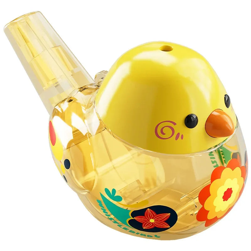 Yellow water bird whistle with a flower design on a white background