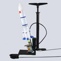 Water jet rocket launcher with stand and pump for backyard science play and outdoor summer fun.