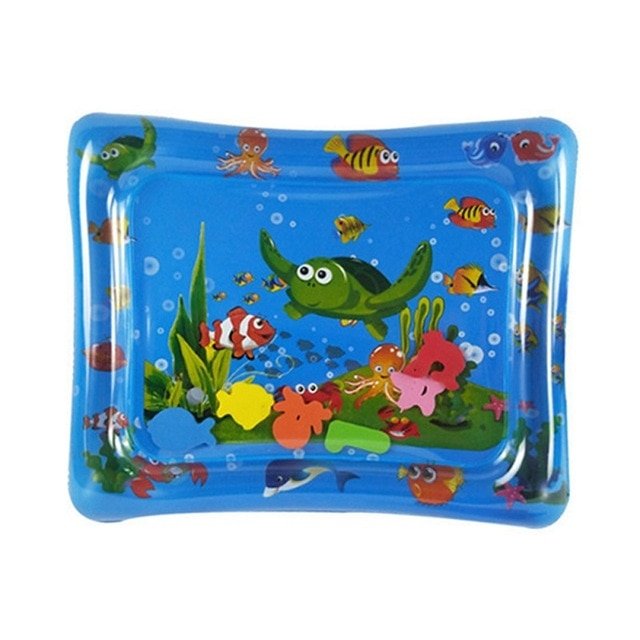 Inflatable water mat with underwater scene and cartoon fish on a blue background