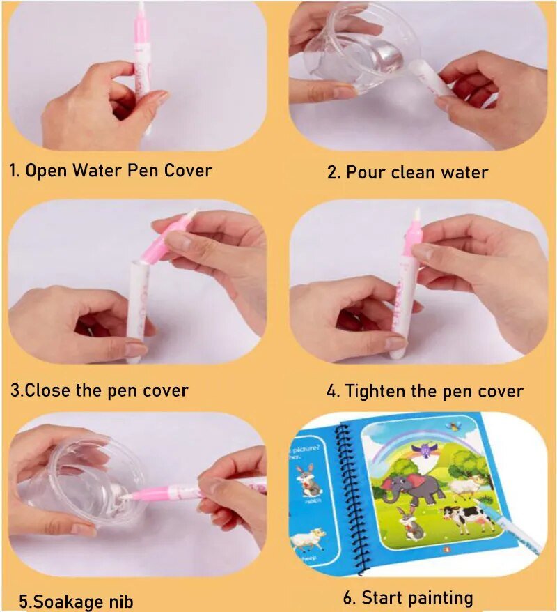 Step-by-step guide on how to use a water pen with a painting book.