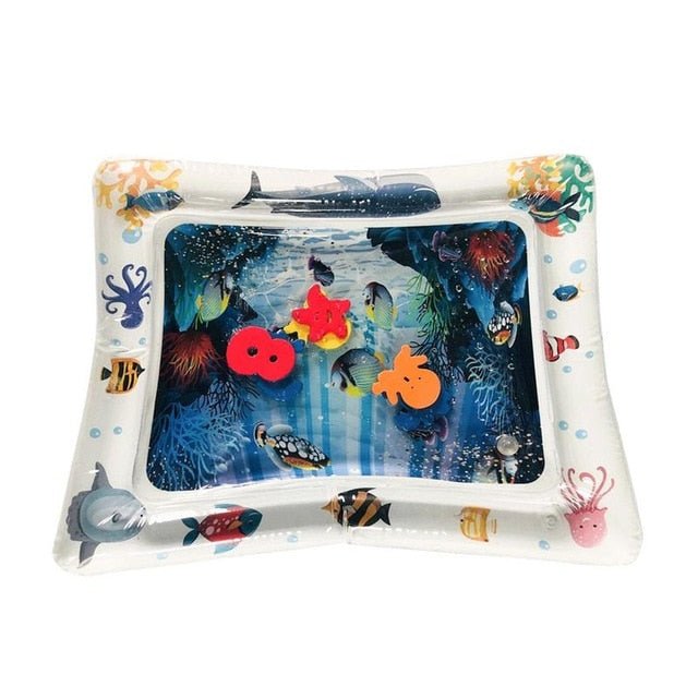 Inflatable water play mat with ocean-themed design and colorful sea creatures.
