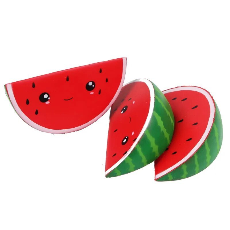 Watermelon slice squishy toys with cute faces for sensory play, party bags, and stress relief.