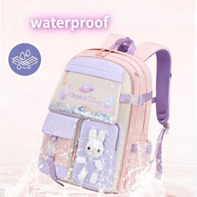 Waterproof 55L Girls Primary School Backpack in pink and purple bunny fabric for rainy day commutes and everyday school use.