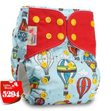 Baby diaper with colorful hot air balloon pattern on a light blue background