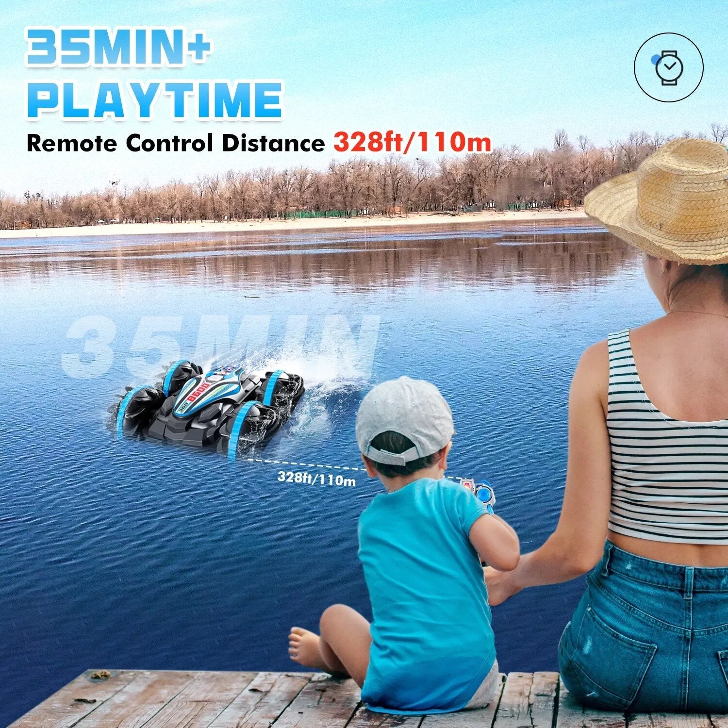 Waterproof Amphibious RC Stunt Car driving on a lake for land-and-water remote control play.