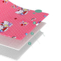 Pink cartoon print waterproof baby changing mat with breathable mesh layer for clean and comfortable nappy changes.