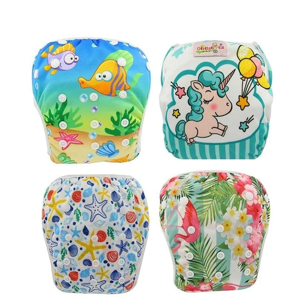 Waterproof baby swim diaper pants in four prints, reusable adjustable swim nappies for pool trips and beach days.