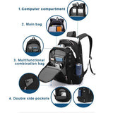 Black backpack with labeled compartments.