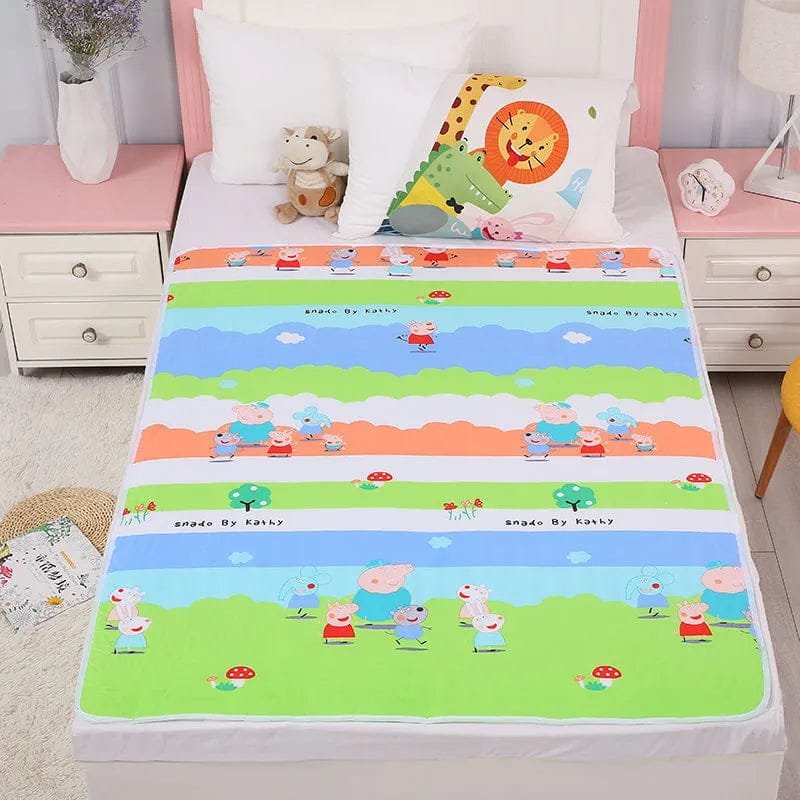 Children's cartoon bed sheet on a bed with a colorful design featuring characters and landscapes.