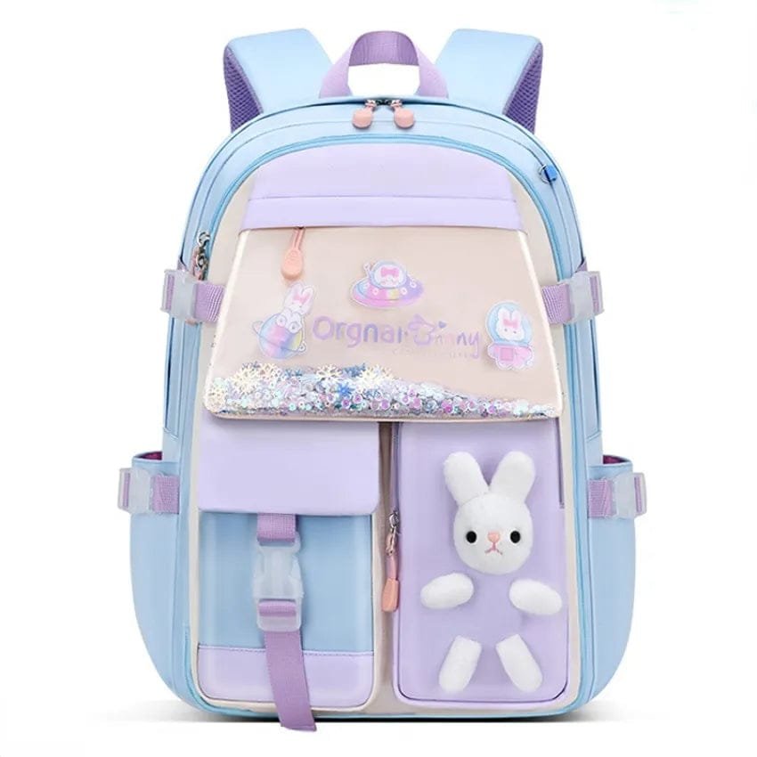 Waterproof Children's Backpack in pastel bunny design with large capacity for school books, lunch, and daily kit.