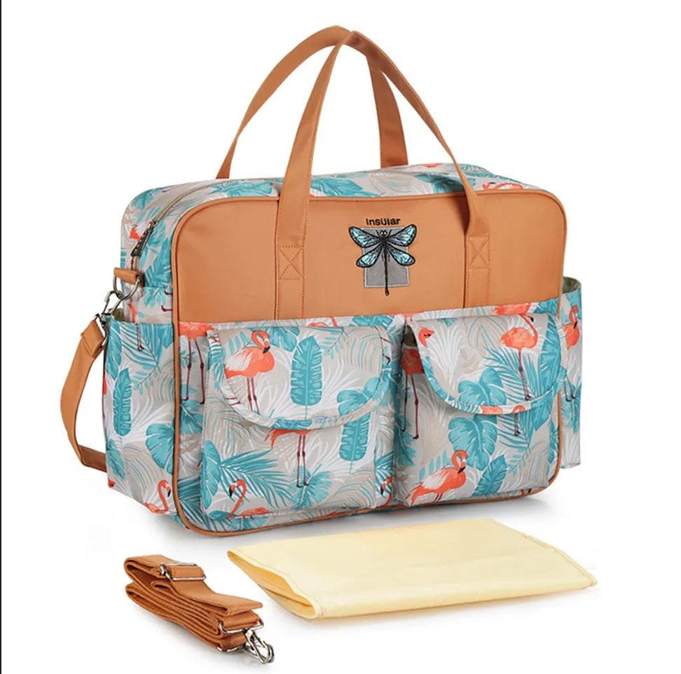 Waterproof Diaper Bag in floral butterfly print, a large capacity maternity tote for carrying nappies, bottles, and baby essentials on the go.