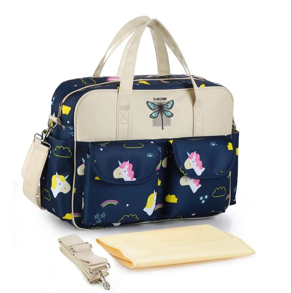 Navy blue printed Waterproof Diaper Bag with large capacity compartments for packing nappies, spare clothes, and bottles for baby trips.