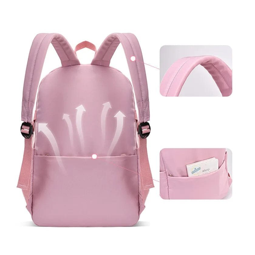 Pink waterproof girls backpack bundled with a small pouch and headband for organised school days and campus commutes.
