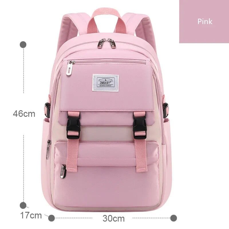 Size chart for the pink waterproof girls book bag, helping shoppers pick the right capacity for high school textbooks and gear.