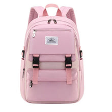 Pink waterproof girls school backpack with padded black shoulder straps for comfortable daily carrying to and from class.
