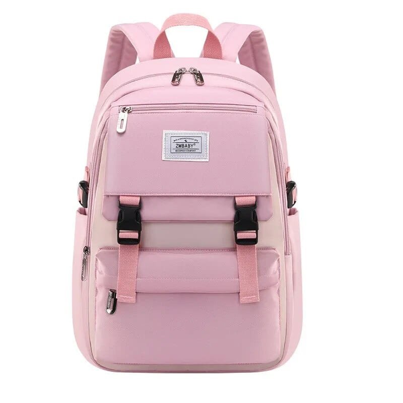 Pink waterproof girls school backpack with padded black shoulder straps for comfortable daily carrying to and from class.