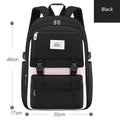 Black waterproof high school backpack with dimension details, a campus-ready bag for students carrying books and tech daily.