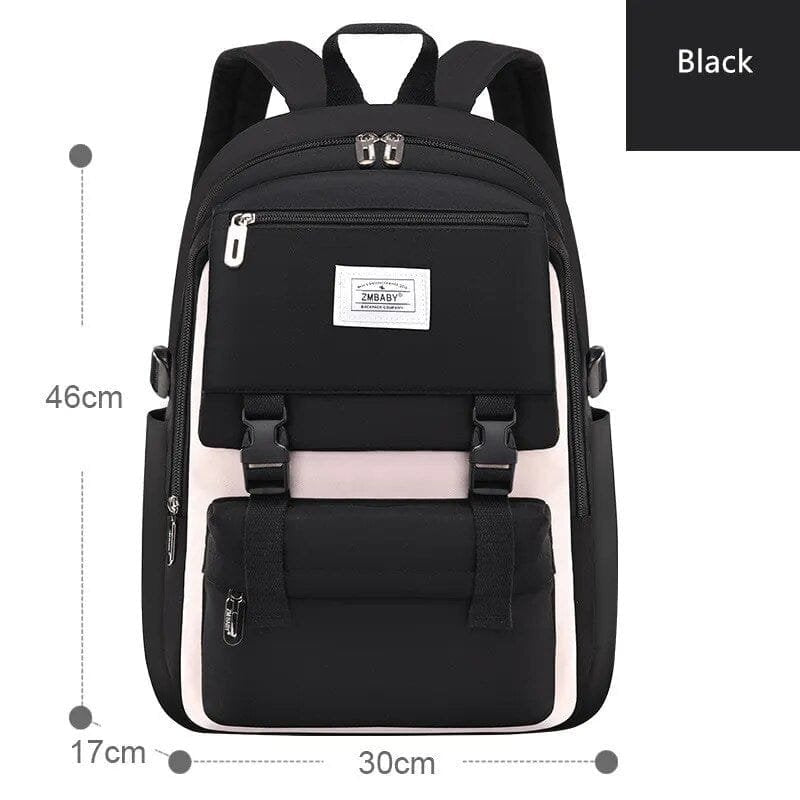 Black waterproof high school backpack with dimension details, a campus-ready bag for students carrying books and tech daily.