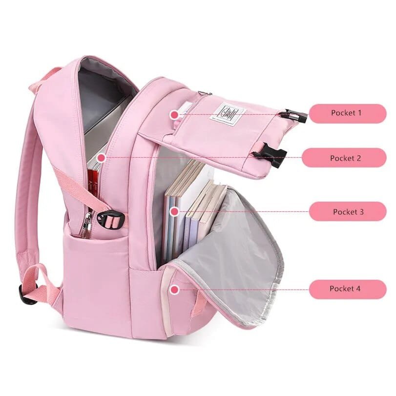 Pink waterproof high school backpack with labelled compartments for laptop, book, and bottle storage on busy study days.