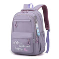 Gray backpack with 'Cats make me happy' text and purple accents.