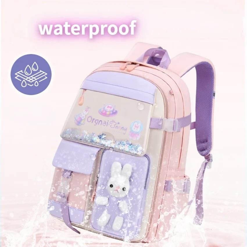 Pink and purple backpack with a bunny design.