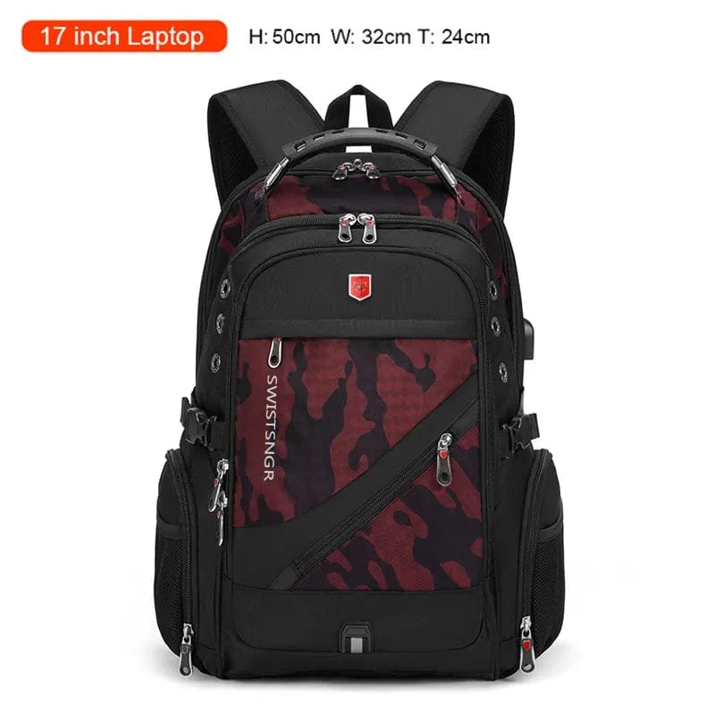 Black and red camouflage backpack with SwissGear logo