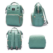 Green waterproof maternity nursing backpack shown from multiple angles, a travel diaper bag with USB design for baby care outings.