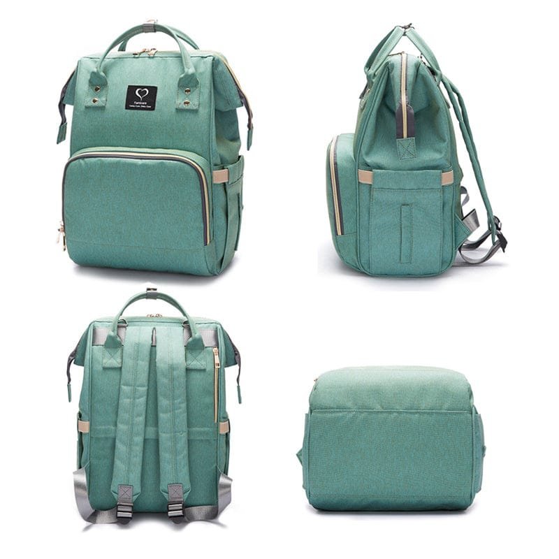 Green waterproof maternity nursing backpack shown from multiple angles, a travel diaper bag with USB design for baby care outings.