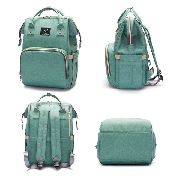 Green waterproof maternity nursing backpack shown from multiple angles, a travel diaper bag with USB design for baby care outings.