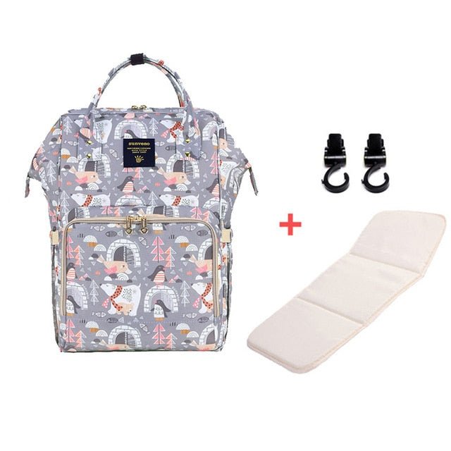 Gray-patterned backpack with a white cushion and black hooks