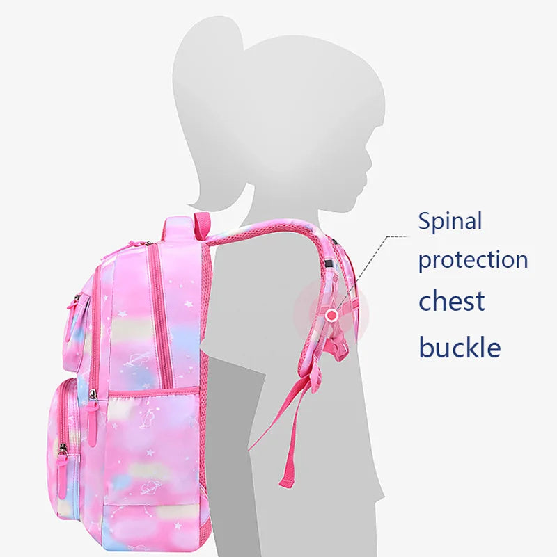 Pink backpack with a spinal protection chest buckle feature.