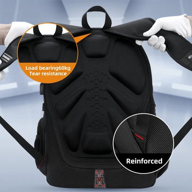 Waterproof 17 Inch Laptop Backpack feature overview showing USB charging and storage for travel and office use.