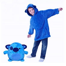 Styled winter look of the blue wearable pet hoodie blanket for kids, keeping children warm during indoor play and movie nights.