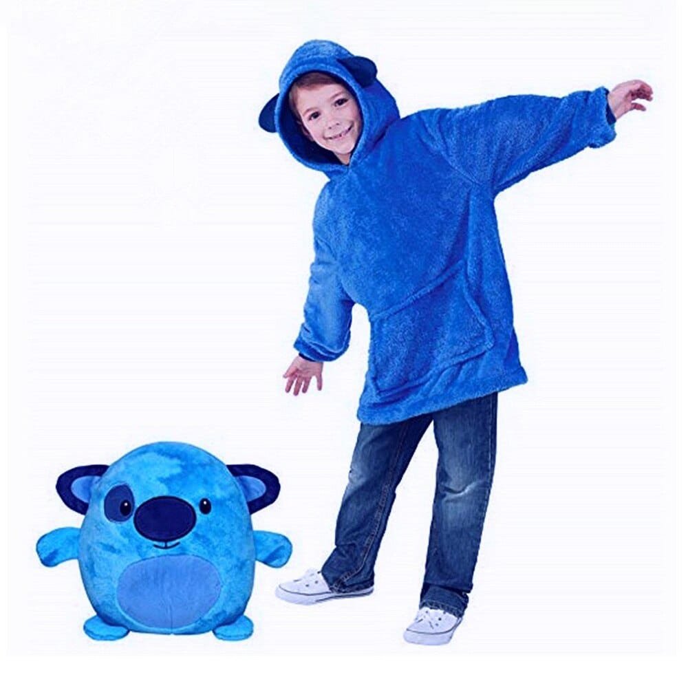 Styled winter look of the blue wearable pet hoodie blanket for kids, keeping children warm during indoor play and movie nights.