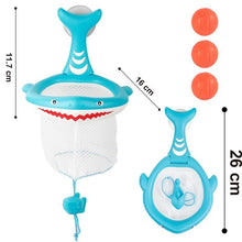 Whale bath toy basketball game with suction cup mount shown with dimensions for tub play.