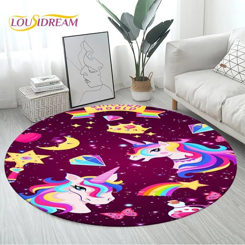 Whimsical purple unicorn 3D area rug in a round shape as a kids floor carpet for cosy play and bedroom styling.