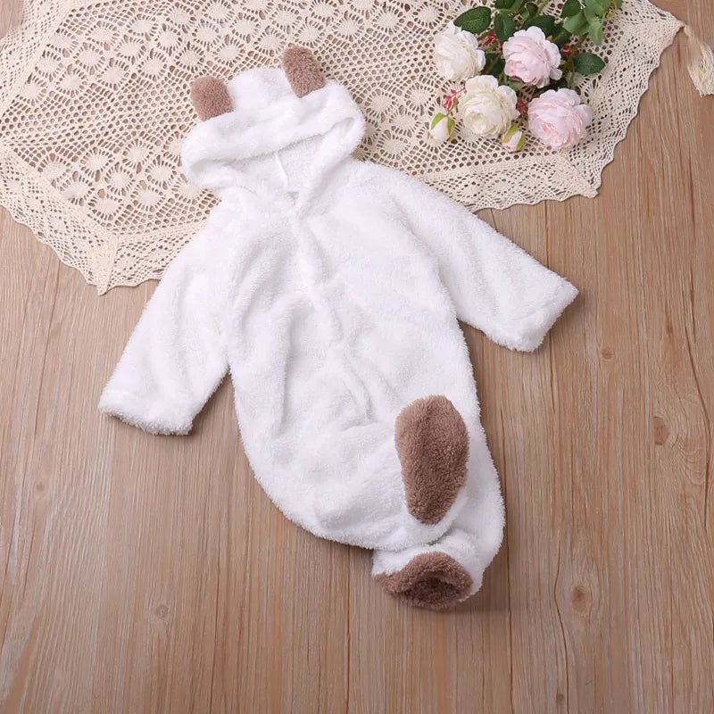 White long-sleeve baby romper with brown ears for toddler daily wear and cool morning outings.