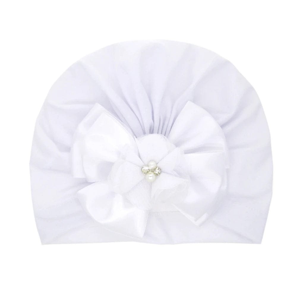Shiny Rhinestone Bowknot Baby Turban in white with bow and pearls for classic christening looks.