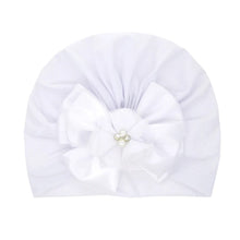 Shiny Rhinestone Bowknot Baby Turban in white with bow and pearls for classic christening looks.