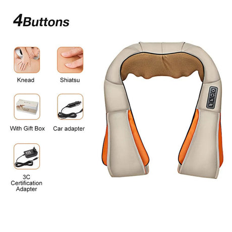 Neck and shoulder massager with features listed on a white background